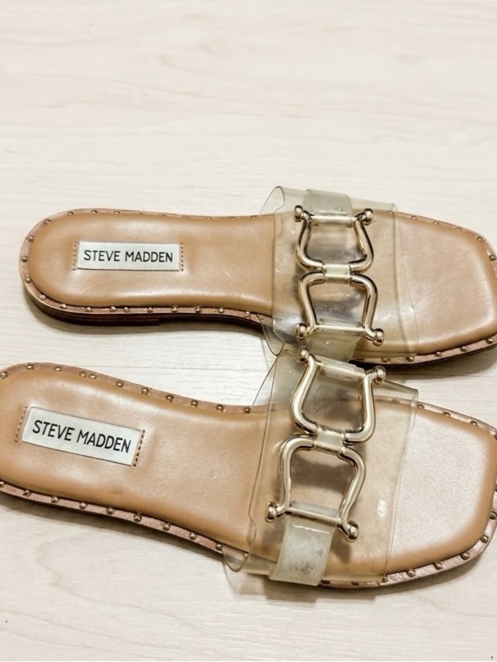 Steve Madden Clear Strap Slide Sandals in Tan with Gold Hardware